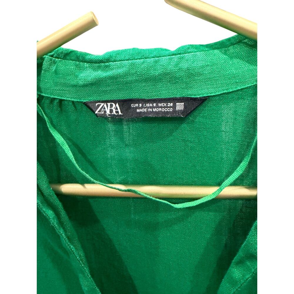 ZARA Emerald Green Linen Blend Gold Button Roll Up Tab Shirt Top S EUC - Picture 6 of 8